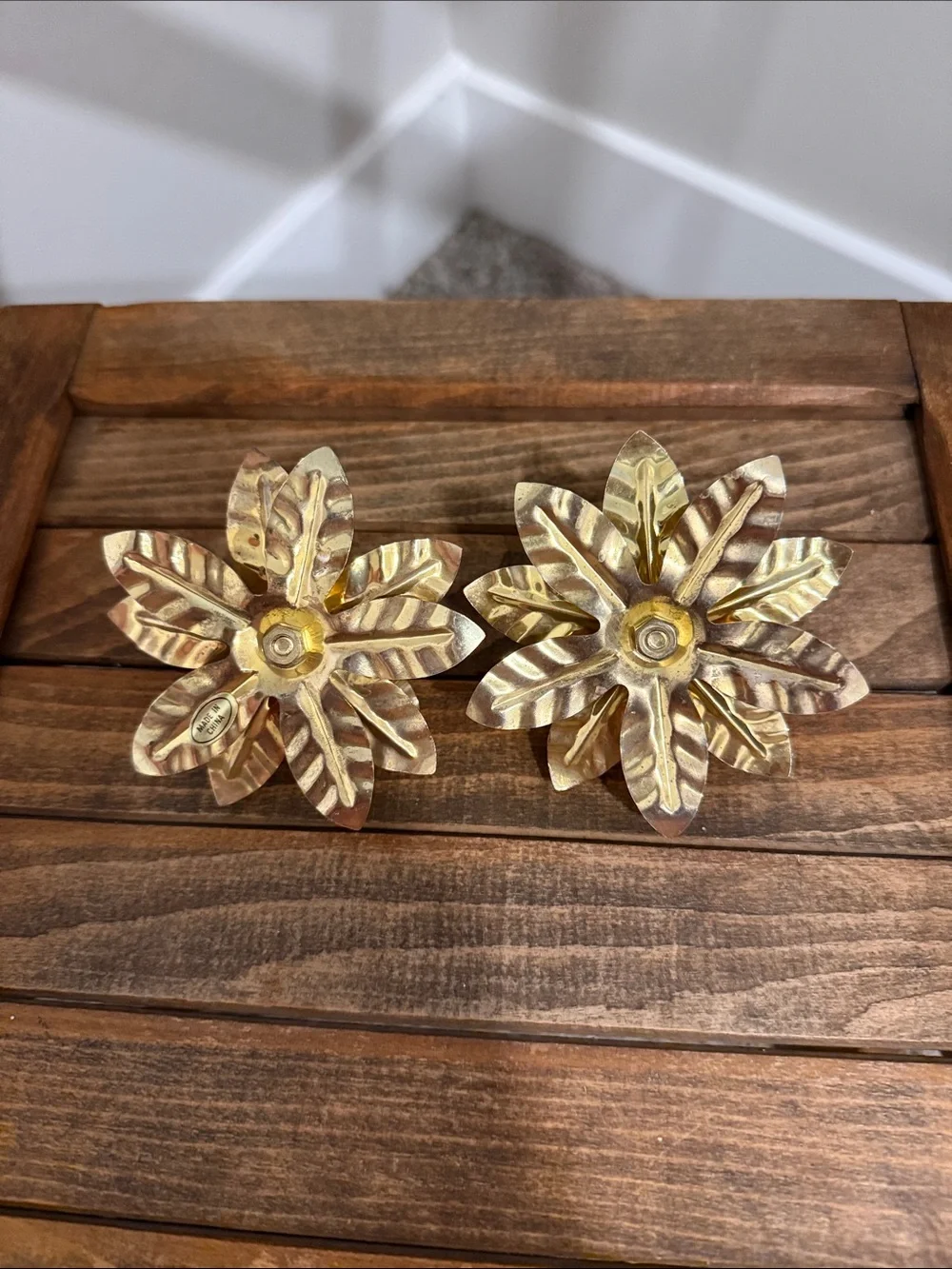 Vintage Gold Tone Metal Flower Taper Candle Holders Set of 2